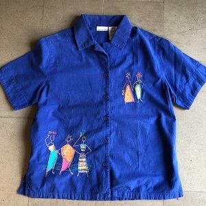 Cute vintage 100% cotton shirt with African women appliqués-Medium